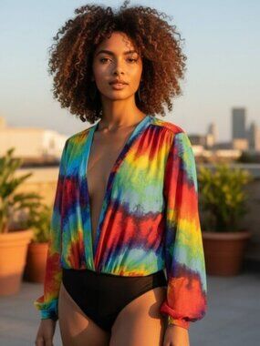 RAINBOW Tie Dye Bodysuit L Pride Festival Rave Faux Wrap Statement Love Top